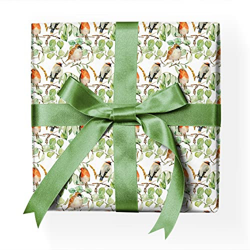 Klassisches Vogel Geschenkpapier Set mit gemalten Singvögeln auf Ästen Dekor-Muster-Papier zum verpacken, Geschenk einpacken, scrapbooking, basteln weiß Format: 32 x 48cm, 4 Bogen