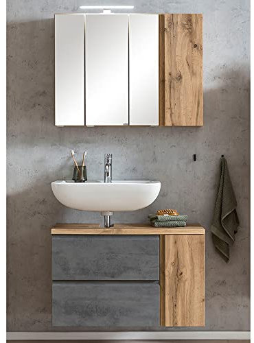 Lomadox Waschbeckenunterschrank, Links, mit Spiegelschrank, 85cm, LED Beleuchtung, Wotan Eiche Nb. mit Beton Optik, B/H/T ca. 85/200/35 cm