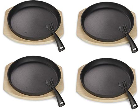 ECHTWERK Servierpfannen Set aus Gusseisen, mit Servierbrett, Abnehmbarer Griff, Bereits eingebrannt, Für Backöfen, Grill, und BBQ geeignet, Ø 25 cm, 4tlg
