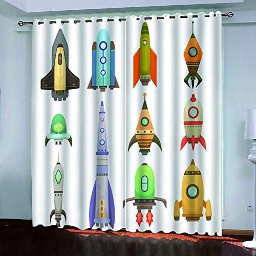 Vorhang Kinderzimmer Junge Mädchen Verdunkelungsvorhänge 3D Druck Cartoon-Raumschiff Fenster Gardinen Wohnzimmer Mit Ösen 220(B) X215(H) cm Blickdichter Schallschutz Vorhang 2Er Set