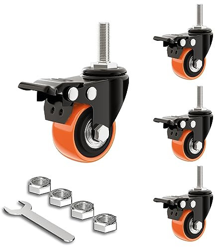 4 Stück 40mm Möbelrollen mit 4 Bremsen, Rollen für Möbel, Schwerlastrollen mit 180 kg Leisten, 40mm Vorbaurollen, Lenkrollen Doppel-Verriegelung mit 360-Grad-Rotation (Orange, M8)