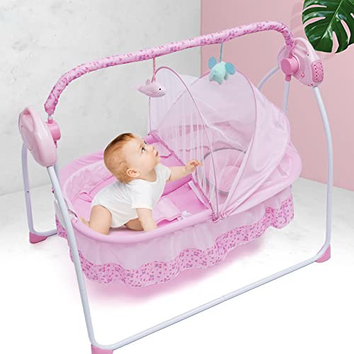 SHZICMY Elektrische Babywiege Stubenwagen,Automatische Babyschaukel Babyschale mit12 Liedern,Schwenkgeschwindigkeit 5-Gänge,Timing-Funktion,Belastbarkeit bis 25kg (100 * 75 * 86cm, Pink)