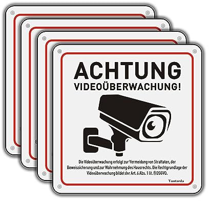 Cartello per videosorveglianza, con nota GDPR, 4 cartelli in alluminio, 15 x 15 cm, con autoadesivi e 4 fori, segnale di sorveglianza della fotocamera, segnale di avvertimento