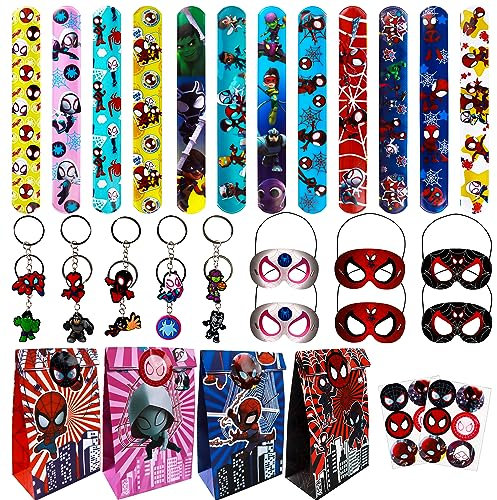 Yisscen 46PCS Spidey and His Amazing Friends Party Mitgebsel, Spiderman Geburtstag, 12 Geschenktüten, 12 Armbänder,10 Schlüsselanhänger, 12 Maske Einladungskarte, für Kindergeburtstag Mitgebsel