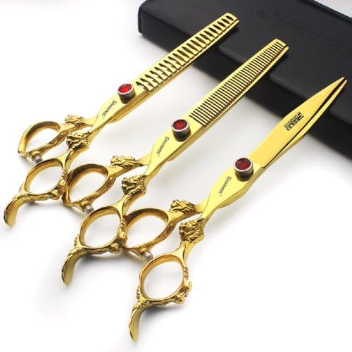 Roll Over Image to Zoom in Professional Hairdressing Scissors 7/7.5/8 Inch Hairdressing Scissors Gold and Black Gold Dragon Scissors (7 Inch 3-Piece Set)