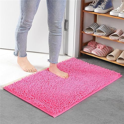Mateju Tapis de Bain Antidérapant, Tapis Salle de Bain Absorbant en Microfibre Chenille Tapis de Douche Doux et Confortable Tapis de Sol Lavable en Machine (60x90CM,Rose foncé)