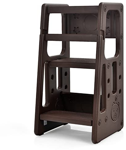 GOPLUS Tour d’Apprentissage pour Enfant 18-60 Mois avec Hauteur Réglable 30/40/50cm, Escabeau de Sécurité Enfant avec Garde-Corps et Coussinets Antidérapants,Assistant pour Tout-Petits (Brun)