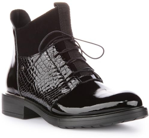 JUSTINREESS England Mylah Damen Schnürstiefel Leder Combat Ankle Boots mit Reißverschluss, schwarzer lack, 36 EU