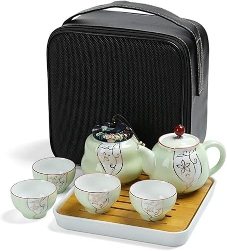 LeGDOr Set da tè per tè pomeridiano con teiera, teiera vintage in porcellana, 4 tazze da tè con vassoio da tè in legno e sacchetto di stoccaggio, set da tè portatile da viaggio Kung Fu