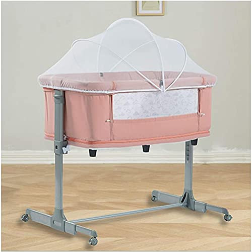 QUNINE Multifunktionales Klappbett, abnehmbares Spleißbett, 5-stufige Höhenverstellung, Halterung aus Aluminiumlegierung, mit Matratze, Moskitonetz, Aufbewahrungstasche, grau/rosa (rosa Luxus) ()