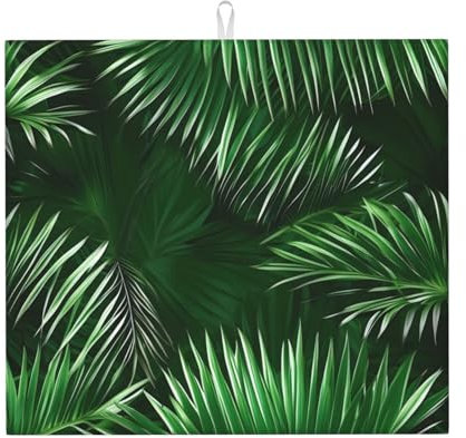 Yqxwjl Alfombrilla para platos, hojas verdes de palmeras plantas tropicales impresión superabsorbente alfombrilla de secado de platos para máquina de café estante para platos