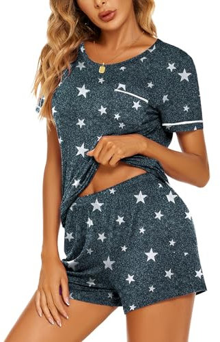 Ekouaer Schlafanzug Damen Pyjama Kurz Nachtwäsche Sommer Pyjama Set Schlafanzüge Zweiteiliger Elastischer Bund Taschen Sleepwear, Sterne Grau, S