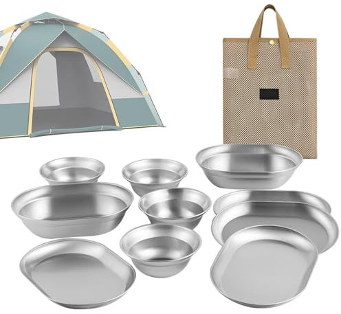 Platos de metal para camping, juego de vajilla de acero inoxidable, platos de servir de camping a prueba de óxido, fiestas de fogata elevan la experiencia gastronómica al aire libre, platos de camping