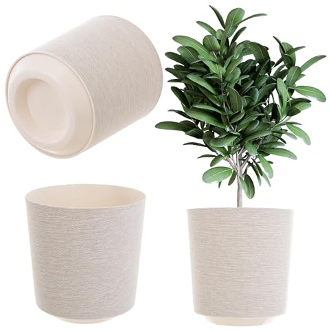 KADAX Dekorativer Übertopf, Runder Pflanztopf, Blumentopf aus Kunststoff, Pflanzentopf für Anbau von Pflanzen, Kräutertopf für Innen und Außenbereich (Cremefarbig, 30cm)