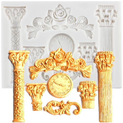 MINFEIDMS Roman Column Silicone Fondant Mould Greek Marble Pillars Relief Retro European Pattern Clock Chocolate Candy Moulds for Cake Decorating Cupcake Topper Polymer Clay Gum Paste