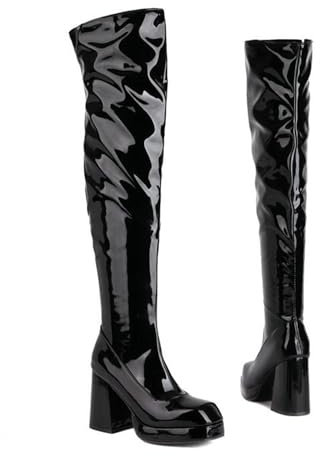 FamMe Stivali Alti da Donna in Ecopelle Stivali Alti al Ginocchio con Punta Quadrata e Tacco Grosso con Blocco Zip Laterale Scarpe Eleganti con Tacco Alto,Nero,45