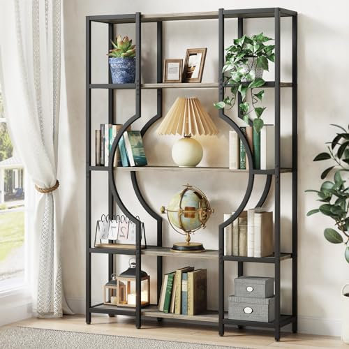 Tribesigns 5-stöckiges Bücherregal und Bücherregal, hohes Vintage-Bücherregal mit 12 offenen Ausstellungsböden, Bücherregal aus Holz mit Metallrahmen für Heimbüro, Wohnzimmer, Schlafzimmer (Grau)