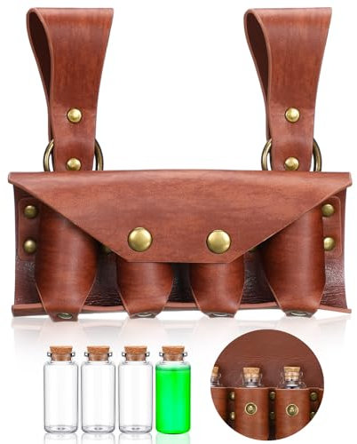 Teenyyou Halloween Mittelalter Alchemie Kunstleder Trank Flasche Gürtelhalter mit 4 Kork Trank Fläschchen Renaissance Fantasy Zauberer Tasche mit Gürtelschlaufe für Cosplay Kostüm Zubehör, Braun