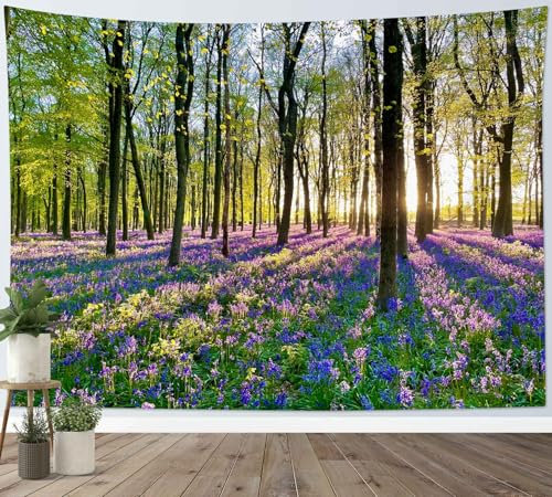 LB Wandteppich Naturlandschaft Wandtuch Grüner Baum Lila Blumen Wandbehang Sonnenschein durch den Wald Tapisserie für Wohnzimmer Schlafzimmer Wohnheim Wanddeko,150x100cm