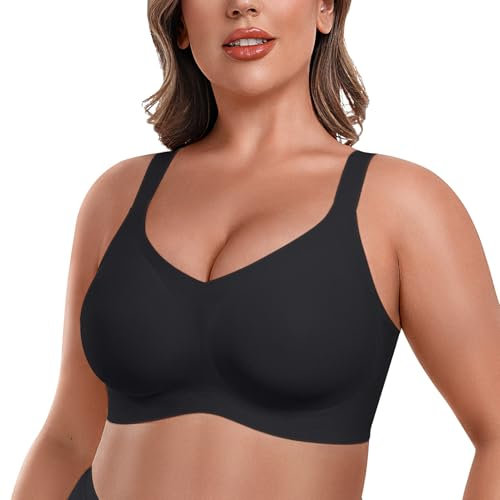 Litthing Wireless Bras for Women V Neck Comfort Seamless Padded Bra Non-Wired Support T Shirt Bralette Adjustable Push Up Buttery Soft Bralettes with Extender