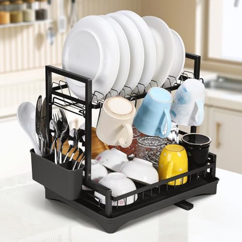 Vinsani Dish Drying Drainer Rack 2 Tier Space Saving Dish Rack Modern Kitchen Drying Rack with Cutlery Holder Auto Drainage System Dish Draining Rack for Kitchen Countertop (Black)