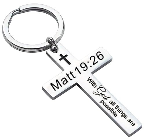 Schlüsselanhänger Christlich - Kreuz mit Bibelvers Gravur - Silberfarben (Matthew 19:26)
