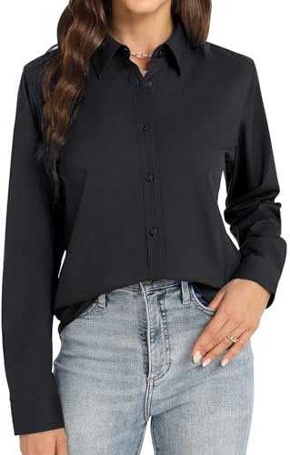 J.VER Black Shirt Womens Plain Long Sleeve Regual Fit Dress Shirts Button Down Solid Casual Work Office Executive Ladies Blouse S