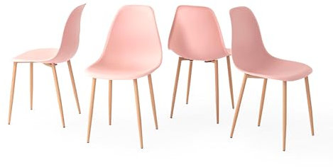FurnitureR Set di 4 sedie da pranzo, sedie da cucina moderne con seduta in PP e gambe in metallo per sala da pranzo, soggiorno, camera da letto, cucina, rosa