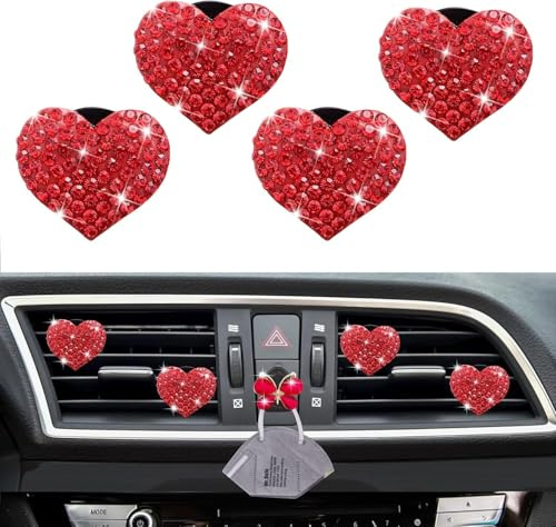 5 Pcs Red Bling Air Vent Clips, Heart Shape Crystal Air Vent Clip Charms Air Fresheners for Women Rhinestone Diffuser Vent Clip Cute Decor Bling Car Accessories for Women (Red hearts)