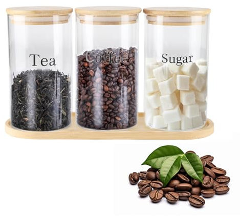 ZoeQide Set de 3 Boîtes en Verre Étanches avec Couvercles en Bambou - Boîte à Sucre, Boîte à Thé, Boîte à Café, Boîte à Sucre en Morceaux - Organisateur de Cuisine avec Étiquettes et Plateau Inclus