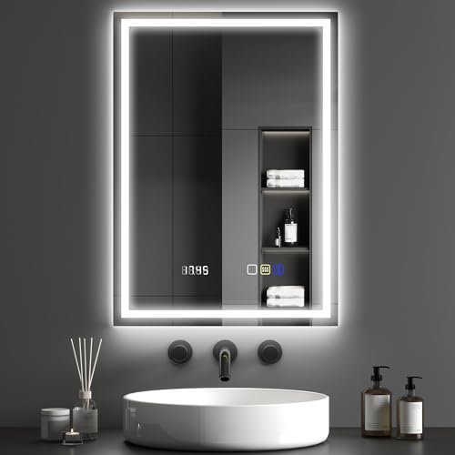 HOMCOM 500 x 700 mm Bluetooth LED Bathroom Mirror, Illuminated Backlit Vanity Mirror with 3 Colours Dimmable, Clock, Anti-Fog, Memory Function, Touch Sensor, IP44