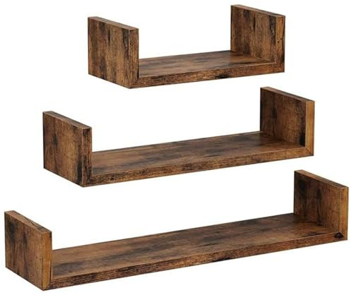 PREMZO Set of 3 U Shaped Floating Wall Shelves MDF Wooden Display Storage Rack Space Saving Wall Mounted Shelving Unit for Bedroom, Living Room, Kitchen, Home Décor Organiser (Rustic Brown)