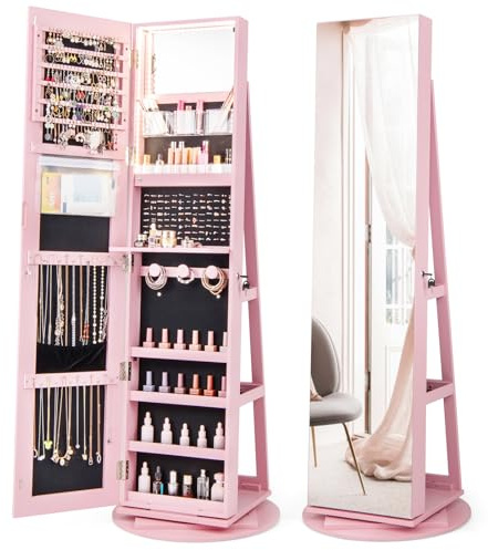 RELAX4LIFE Armoire à Bijoux Pivotante à 360º avec Miroir Pleine Longueur, Miroir Bijoux sur pied avec Rangement, Éclairage LED, 3 Étagères pour Bagues Boucles d'Oreilles (Rose)