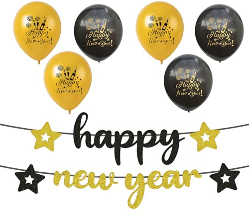 Happy New Year Girlande Gold, Silvester Deko 2026 Neujahrs Dekoration mit Ballon, Silvester Party Hintergrund Deko, Gold Glitzer Neujahrsdeko Banner, Silvester Party Deko Zubehör