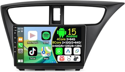 Radio Coche Android 15 para Honda Civic Hatchback 2012-2017 con Carplay Android Auto,9'' Radio Pantalla, BT/GPS/WiFi/FM/RDS+Cámara Trasera+Mic(S-3(2G+64G))