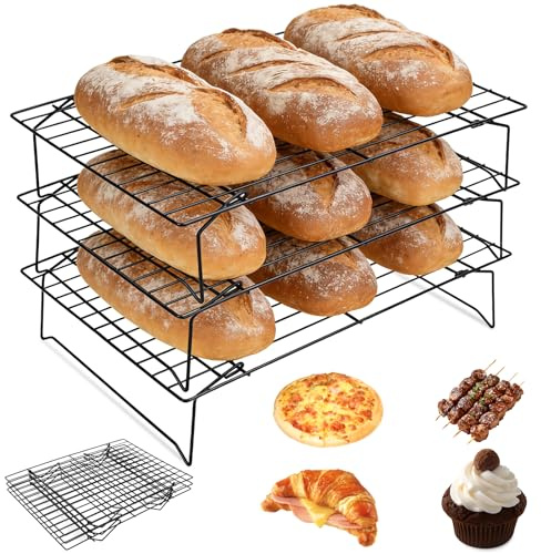 KOUHA Kuchengitter Abkühlgitter Set Etagere 3 Etagen Abkühlgitter Rechteckig Stapelbares Mehrweg Kuchengitter Backutensilien 34x24x6cm für Cupcake Kekse Grillen Cooling Rack