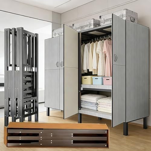 Ahtadums Faltbarer Kleiderschrank mit Magnettür, Tragbarer mit Großer Kapazität, Metall Faltschrank aus Stahlrohr, 500kg Tragfähigkeit, Garderobenschrank zum Aufhängen von Kleidung (Grau, 100cm)