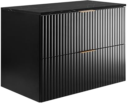3E 3xE living.com Wandhängender Badezimmerschrank, schwarz/Schwarze Marmor-Optikarbeitsplatte (MDF), 80 x 57 x 46 cm