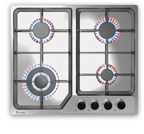 KKT KOLBE Gaskochfeld G604ED, 58 cm | autark, 7,9 kW, 4 Brenner, Wok-Zone, rahmenlos, Knebelbedienung, gusseiserne Topfträger, Edelstahl, Propangas, Erdgas