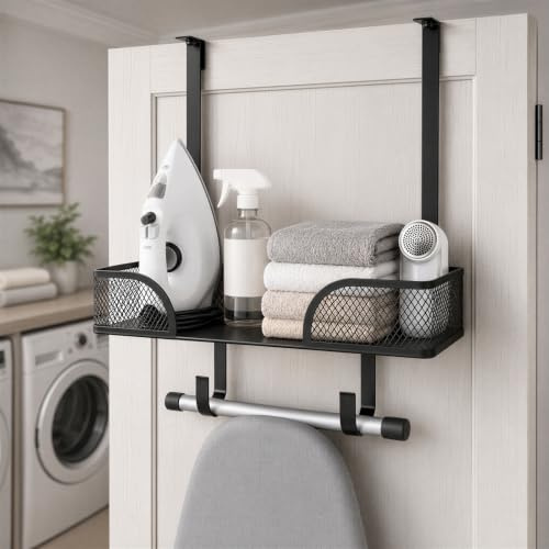 Over The Door/Wall Mount Ironing Board Hanger with Large Storage Basket | with Removable Hooks, Iron and Ironing Board Holder Storage for Laundry Room, Bathroom and Bedroom(Black)