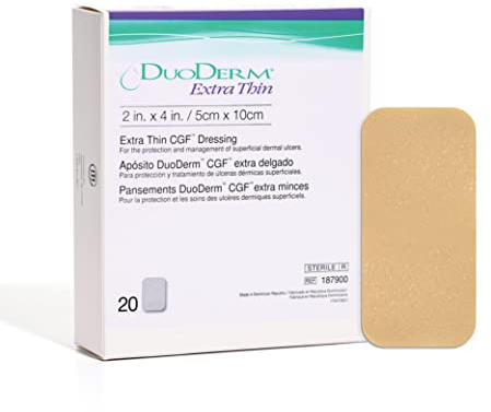 ConvaTec DuoDERM Extra Thin Control Gel Formula 2x4 Hydrocolloid Sterile Adhesive Dressing for Superficial Wounds, Low Friction, Flexibile, Latex-Free, Waterproof, Rectangle, Beige, 20ct Box