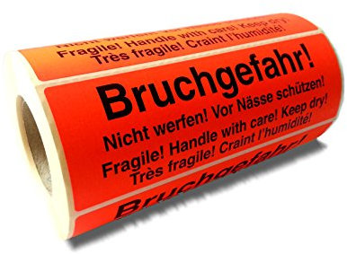 Hinweisetiketten/Versandetiketten/Warnetiketten Bruchgefahr auf Rolle 149 x 48 mm - 500 Stk. je Rolle - Leuchtfarbe (fluoreszierend) - stark haftend/Versandaufkleber/leucht rot