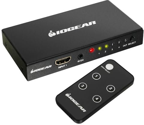 IOGEAR HDMI Switch 4K 60Hz, 4 in 1 Out HDMI Switcher, 4 Port Switch Box mit IR Fernbedienung, Kompatibel mit PC, Laptop, Roku, PS5, Xbox, Apple TV, Blu-ray Player