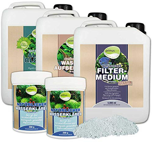 primuspet Natürliches Aquarium Wasserwechsel 4er Pflege-Sparset (4er Sparset: Wasseraufbereiter, Algen-Blocker, Filtermedium + GRATIS Aquarium Wasserklärer), Set-Größe:Set 5000
