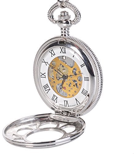Fransande Antique Hunter Quartz Roman Numerals Pocket Watch for Men with Chain Silver