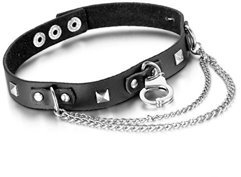Cupimatch Damen Choker Halskette, Leder schwarz einstellbar Lange Ketten Kragen Halsband mit Handschellen Nieten Anhänger Kette, Gotik Punk Rock Lederband