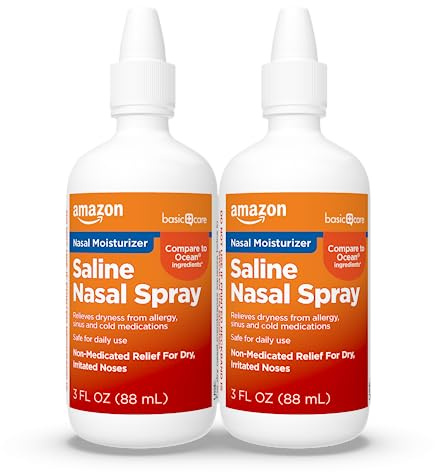 Amazon Basic Care Premium Saline Nasal Moisturizing Spray, Non-Medicated Relief for Dry, Irritated Nose, Sinus Relief, 3 fl oz (Pack of 2)