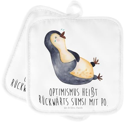 Mr. & Mrs. Panda 2er Set Topflappen Pinguin Lachen - Geschenk, Topflappen lustig, Humor, Pinguine, Topflappen mit Spruch, Ofenhandschuh,