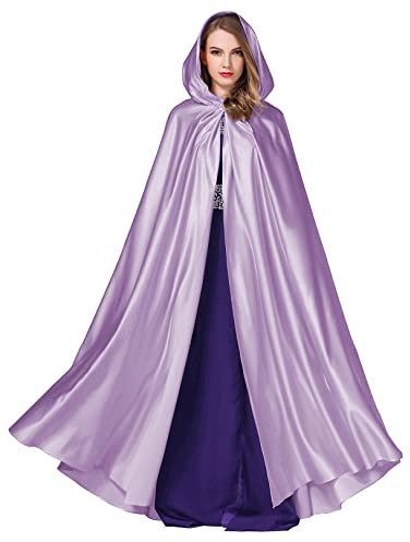 BEAUTELICATE Umhang Damen mit Kapuze Satin Cape Mantel Lang für Hochzeit Brautkleid Fasching Halloween Kostüm Mittelalter Robe Vampir Hexen (Hell Violett, Einheitsgröße)