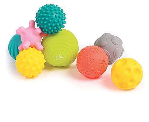 Ludi Assortiment de 8 balles d’éveil Balles d’éveil Assorties | Formes et Couleurs différentes | en Plastique Souple | À partir de 6 Mois